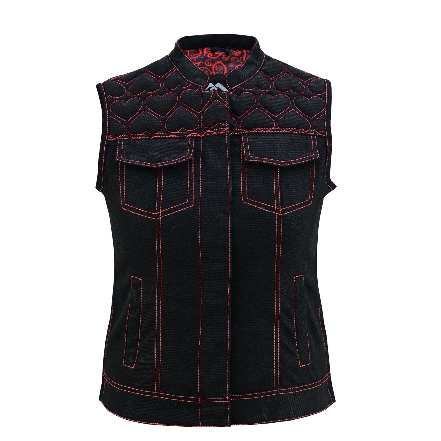ladies fashion vest | black leather waistcoat with red hearts