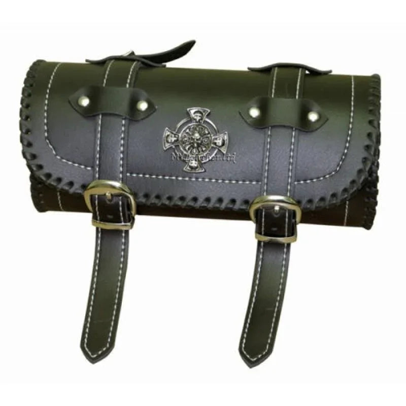 genuine leather motorcycle barrel tool bag with iron cross skull badge
