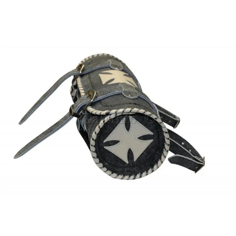 leather fork bag split cowhide motorcycle tool roll with iron cross