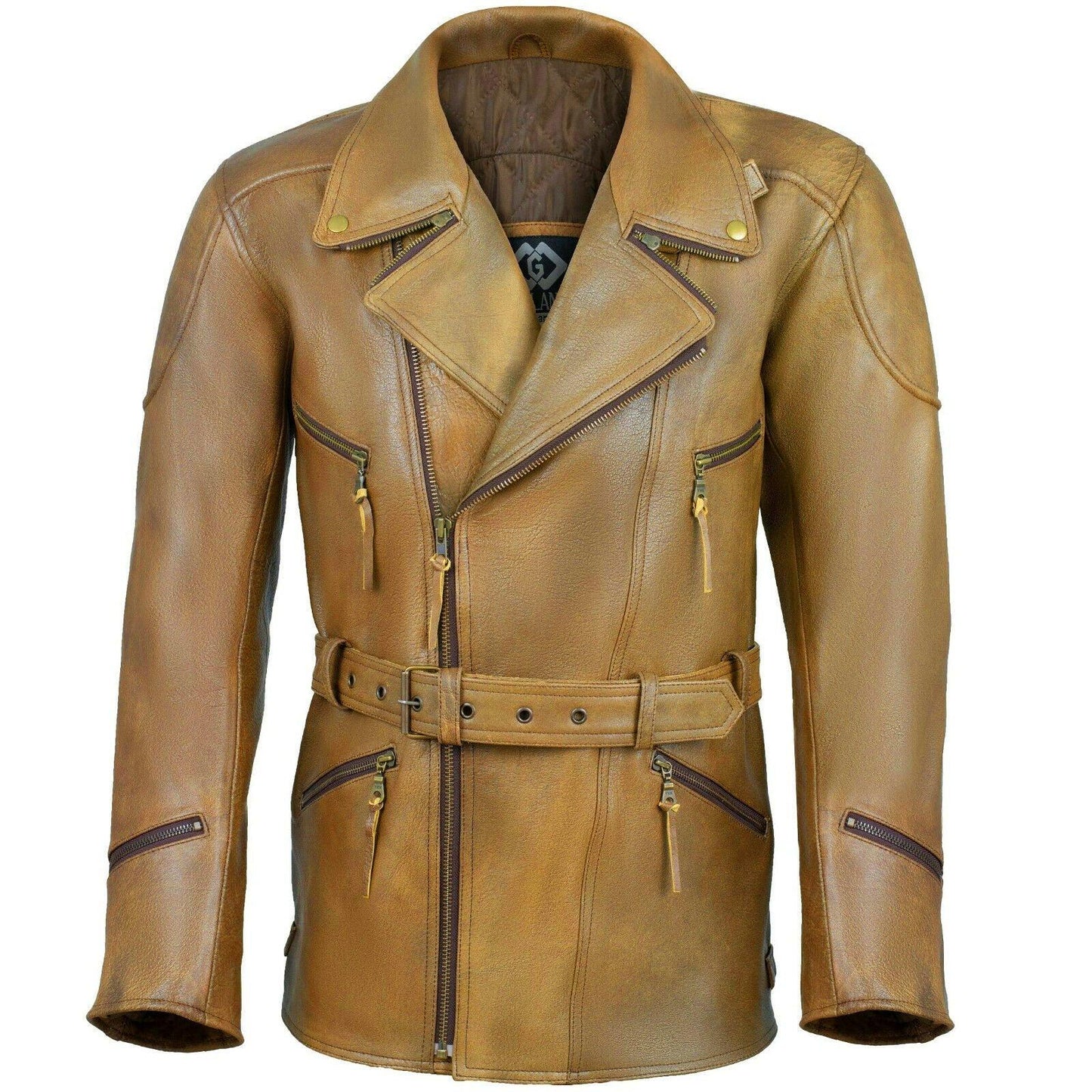 men's leather biker jacket 3/4 length cowhide motorcycle jacket