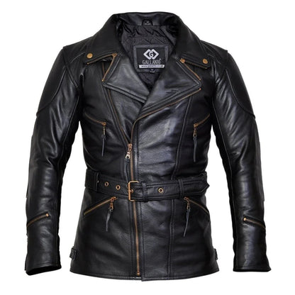 Men's Leather Biker Jacket 3/4 Length Cowhide Motorcycle Jacket