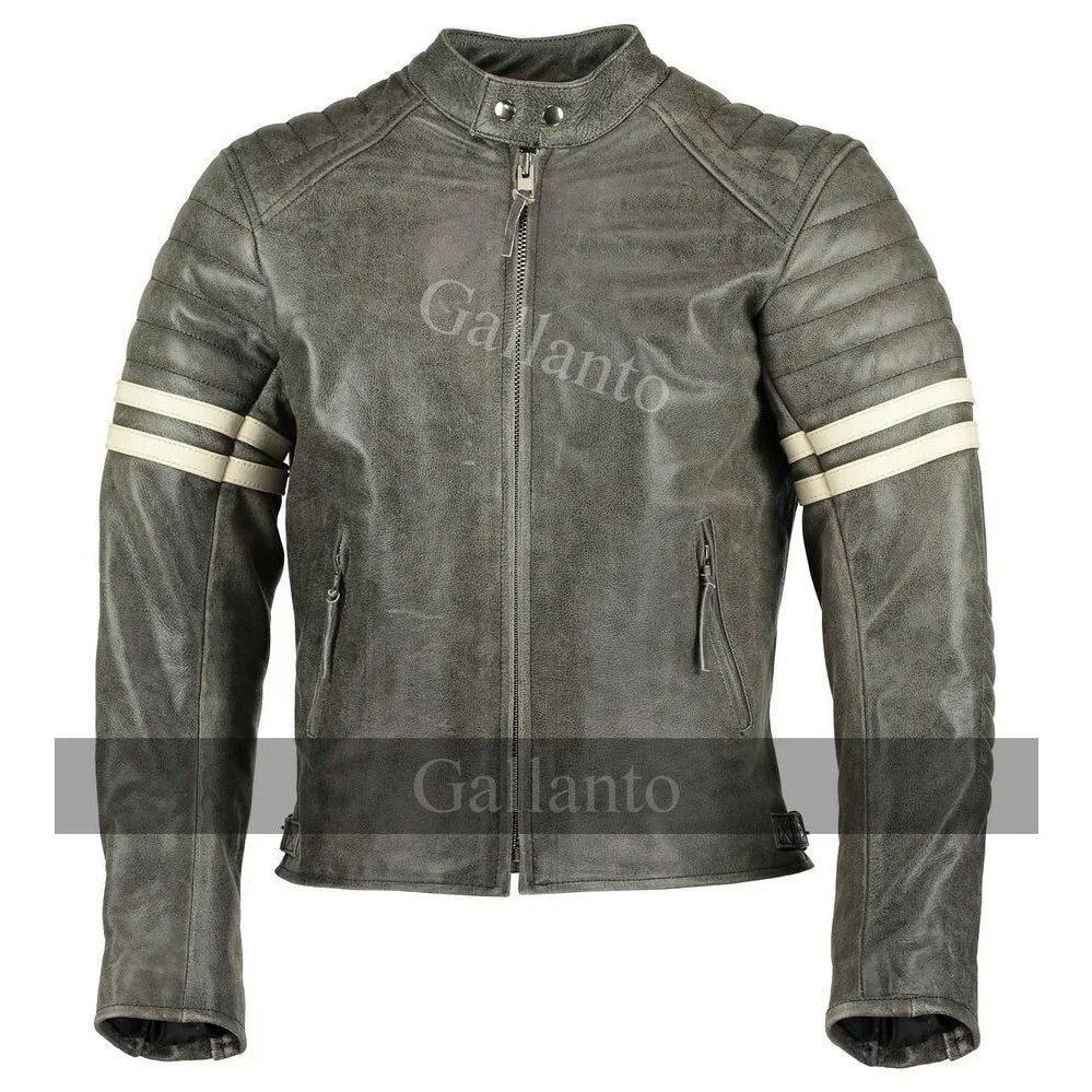 vintage fight club leather biker jacket with white stripes
