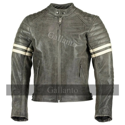 Vintage Fight Club Leather Biker Jacket with White Stripes