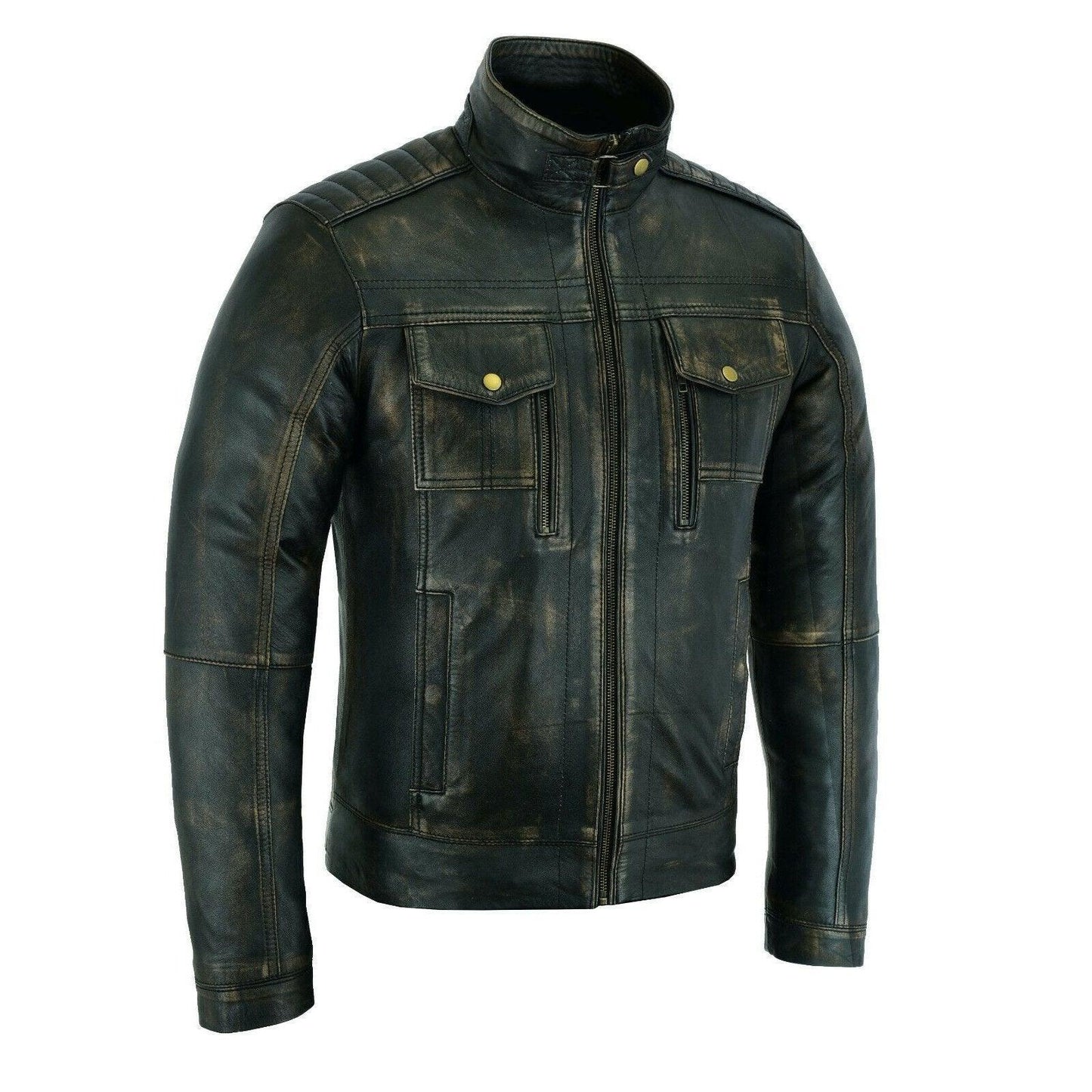 mens leather biker jacket in antique grey vintage cafe racer style