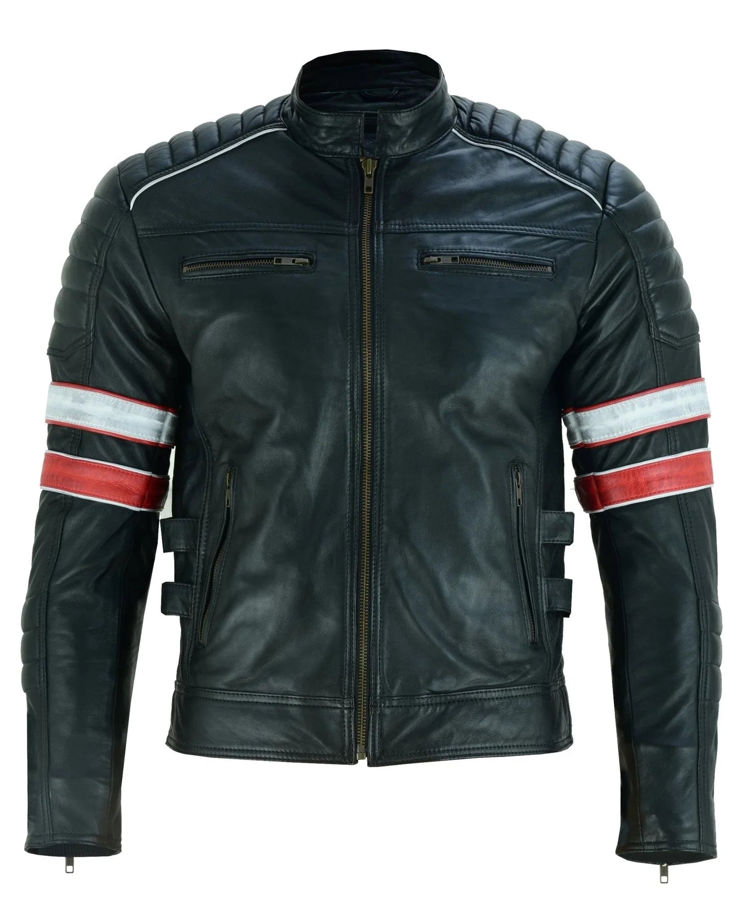 leather biker jackets men's black cafe racer sheepskin jacket
