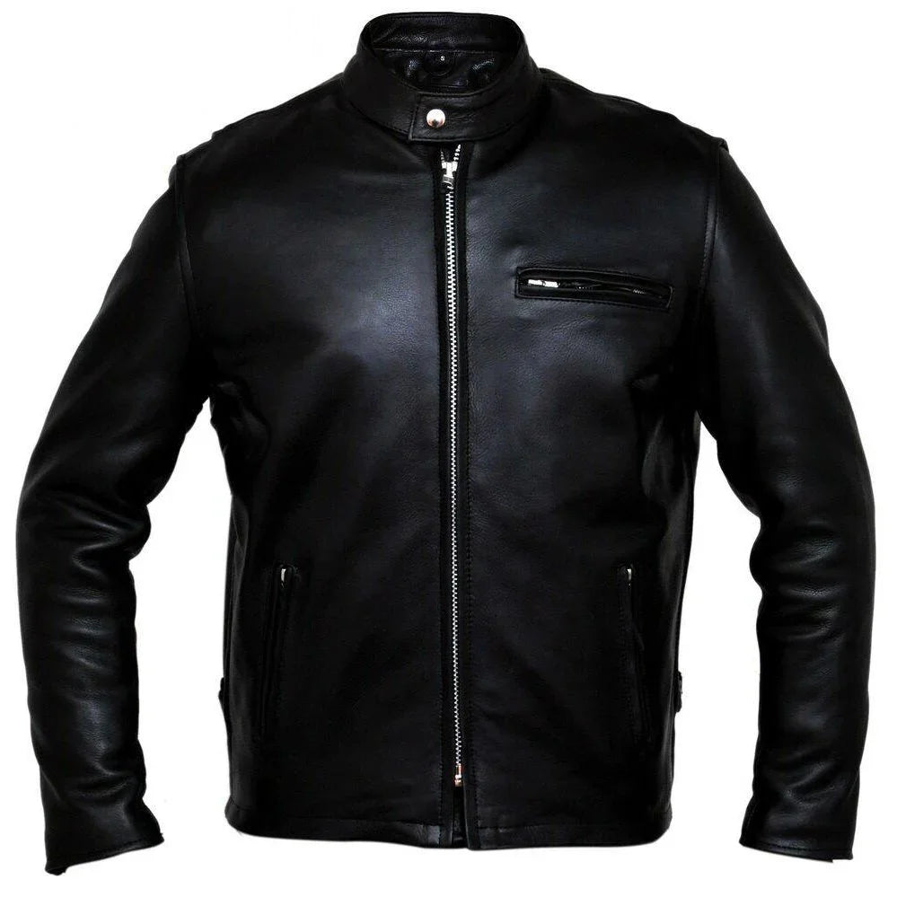 classic racer biker leather jacket in genuine leather