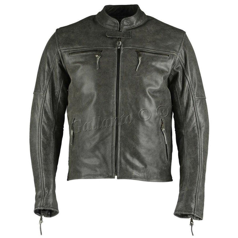 men biker leather jacket – collarless grey cowhide biker jacket