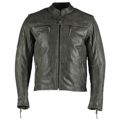 Men Biker Leather Jacket – Collarless Grey Cowhide Biker Jacket