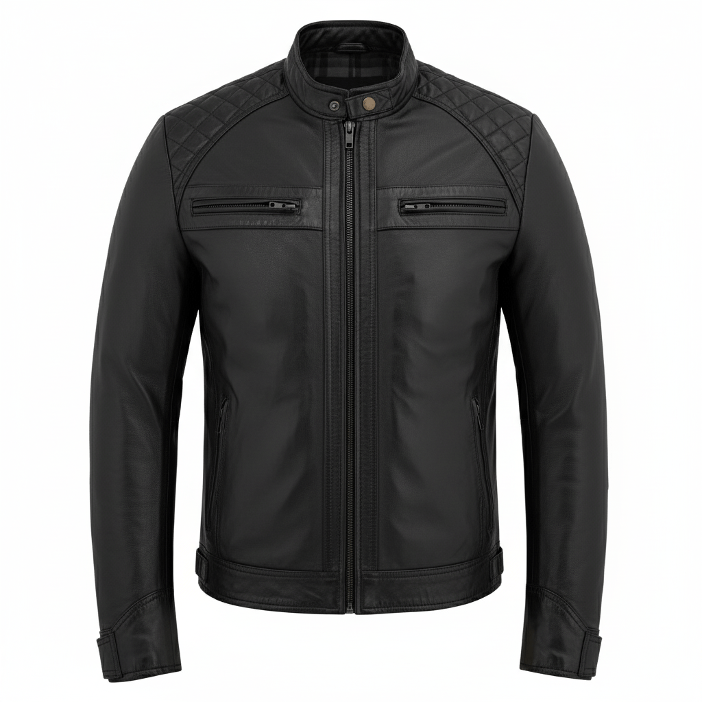 mens black leather jacket real leather quilted shoulder design
