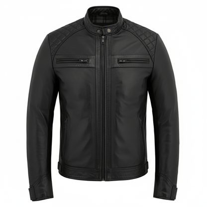 Mens Black Leather Jacket Real Leather Quilted Shoulder Design