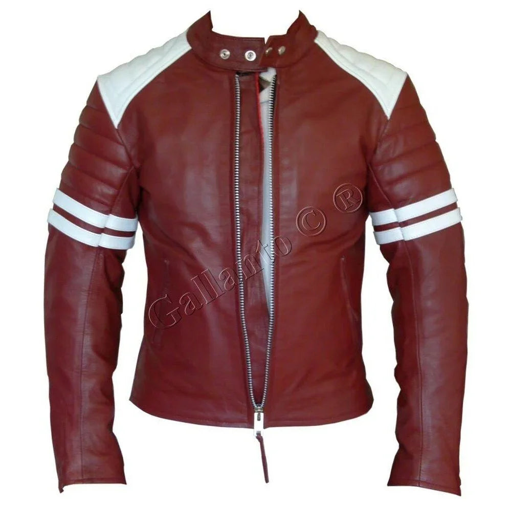 premium  fight club men's leather biker jacket in cowhide with white strips