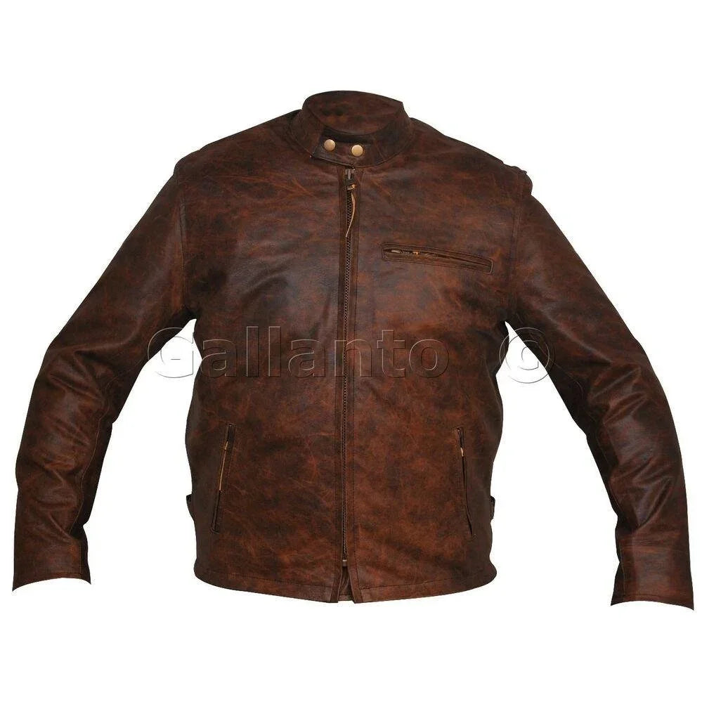 classic racer biker leather jacket in genuine leather