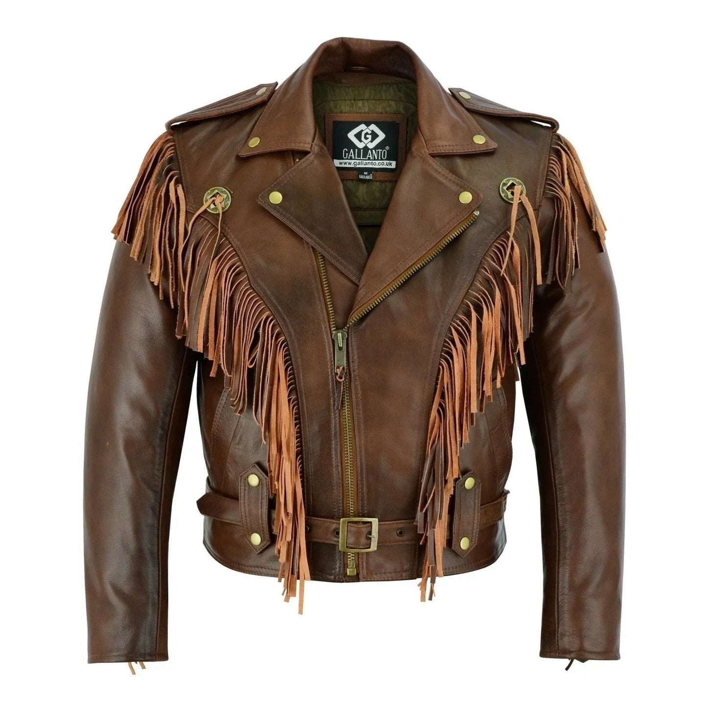 premium mens leather biker jacket with fringe and conchos