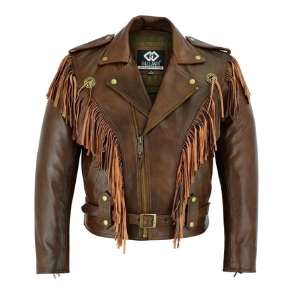 Premium Mens Leather Biker Jacket with Fringe and Conchos