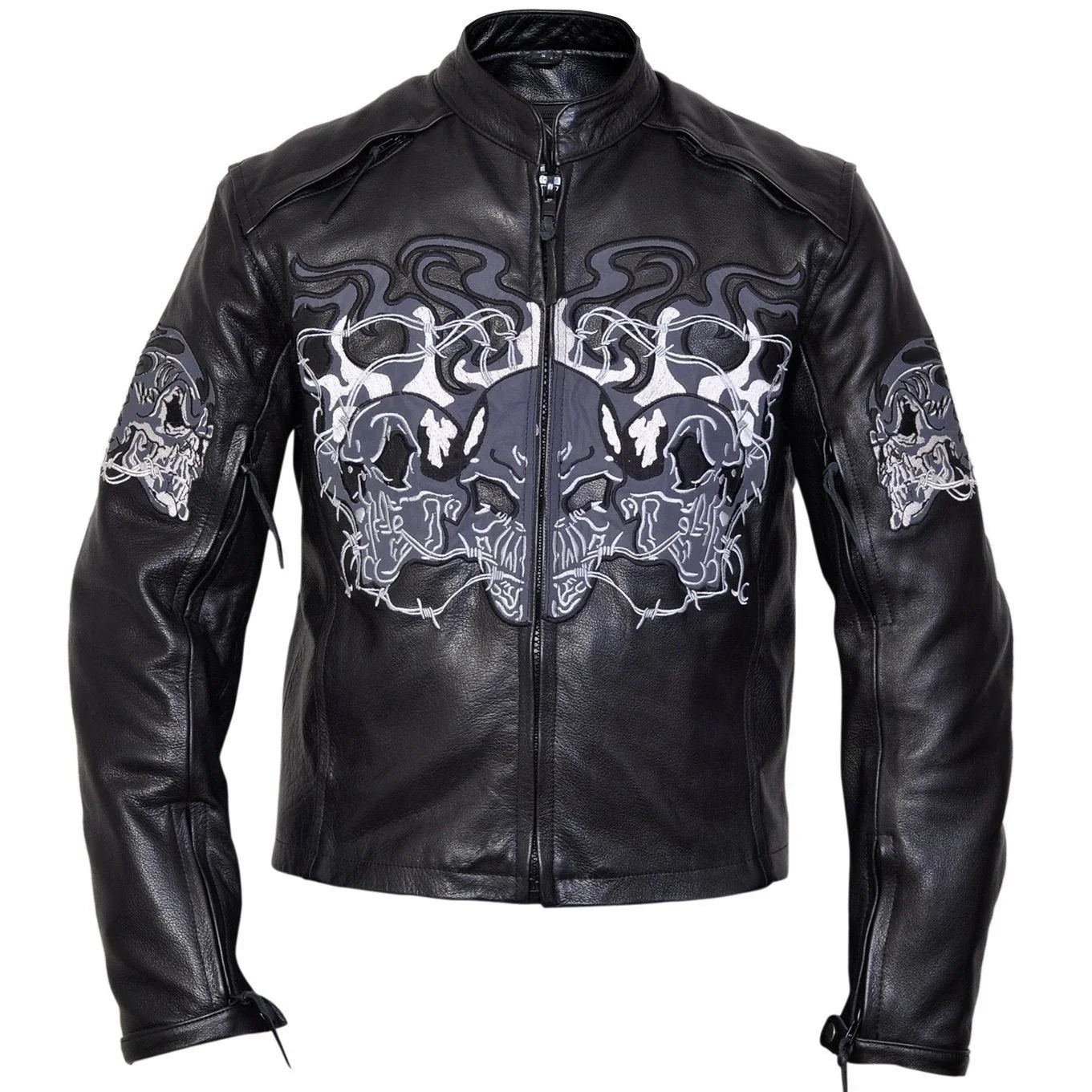 mens leather biker coat – flaming skulls cruiser motorcycle jacket