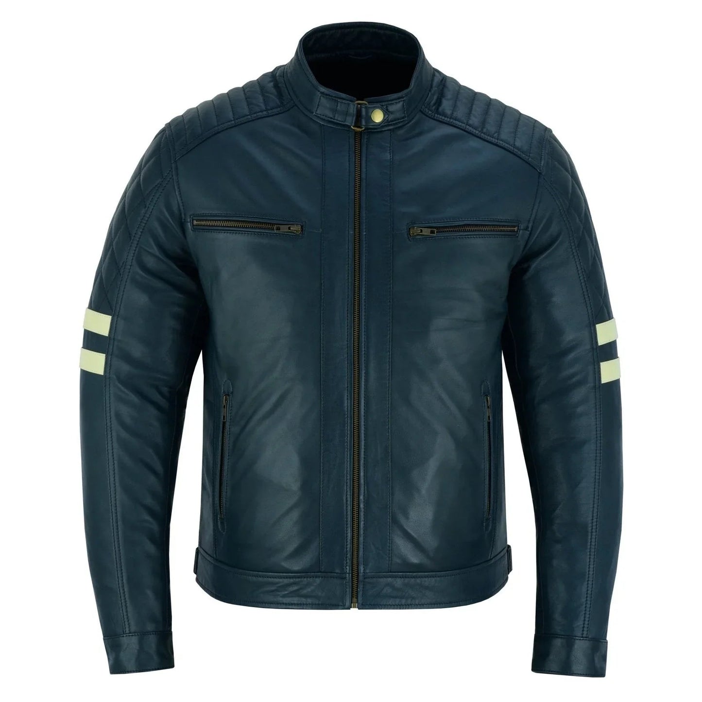 motor jacket men navy cafe racer sheepskin leather biker jacket