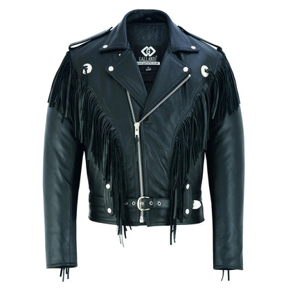 Premium Mens Leather Biker Jacket with Fringe and Conchos