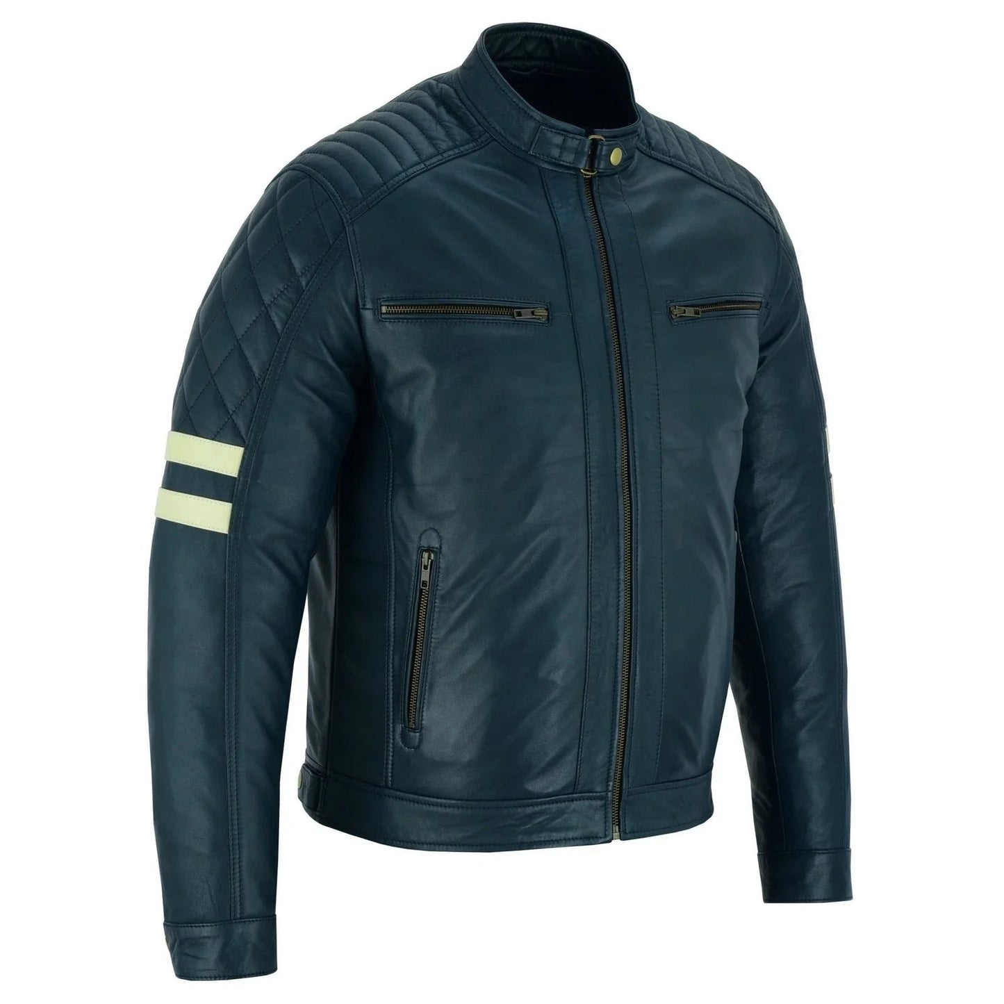 motor jacket men navy cafe racer sheepskin leather biker jacket