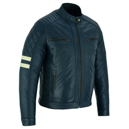 Motor Jacket Men Navy Cafe Racer Sheepskin Leather Biker Jacket
