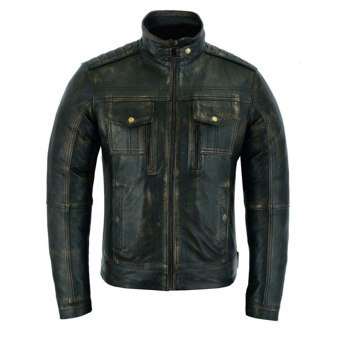 mens leather biker jacket in antique grey vintage cafe racer style