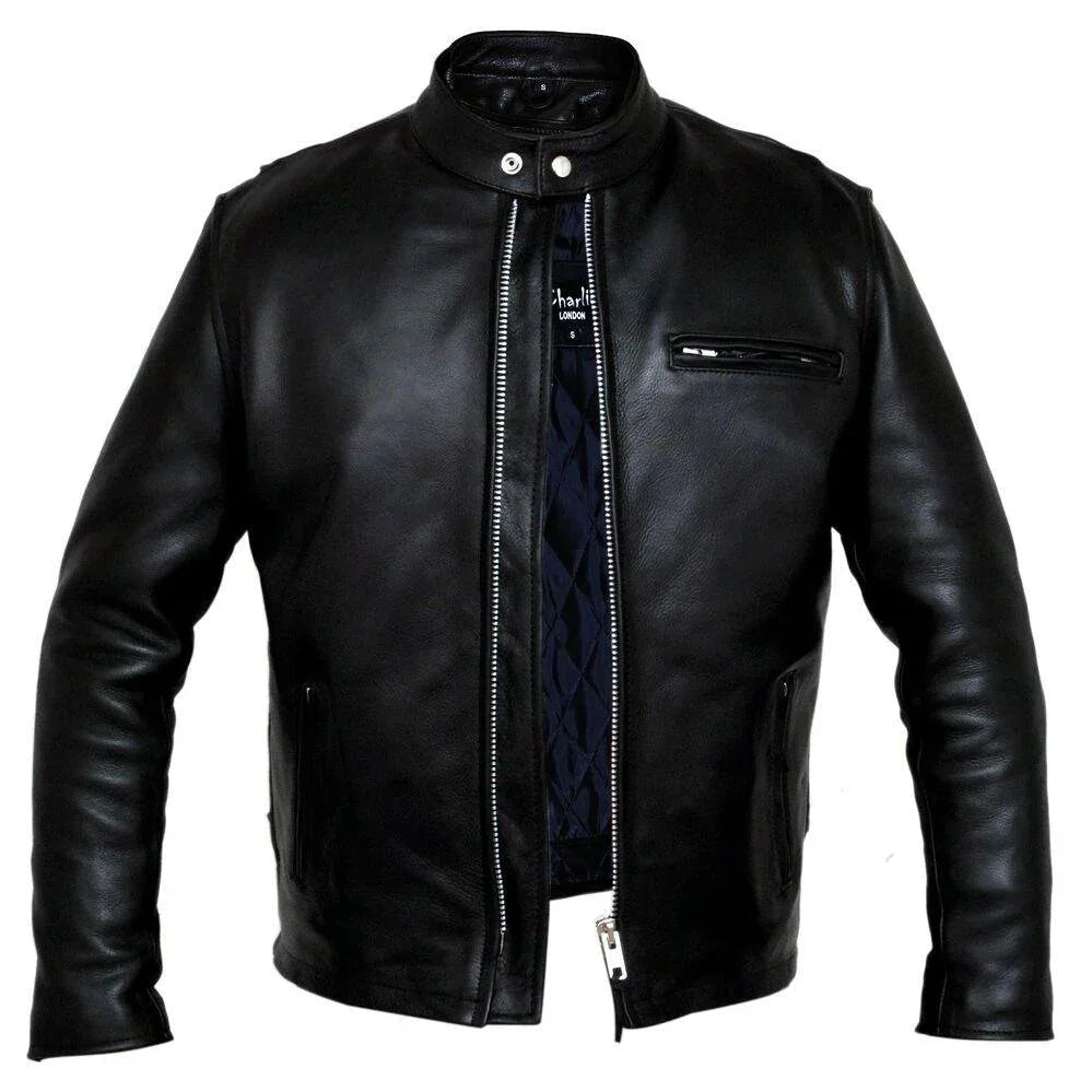 classic racer biker leather jacket in genuine leather