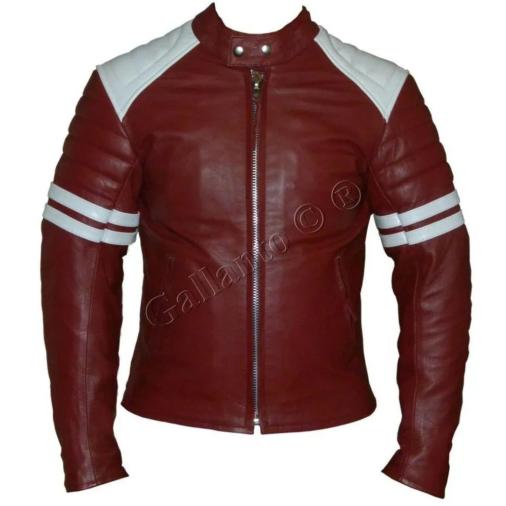 premium  fight club men's leather biker jacket in cowhide with white strips