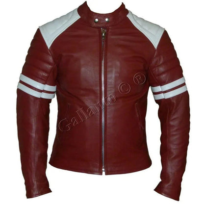 Premium  Fight Club Men's Leather Biker Jacket in Cowhide With White Strips