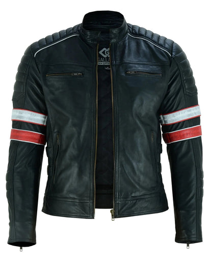 Leather Biker Jackets Men's Black Cafe Racer Sheepskin Jacket
