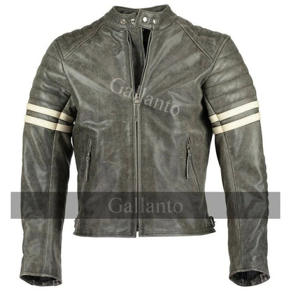 Vintage Fight Club Leather Biker Jacket with White Stripes