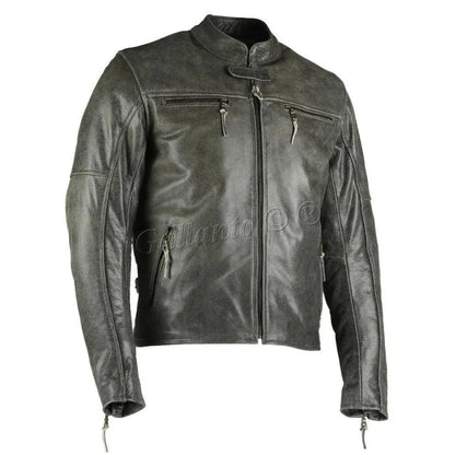 Men Biker Leather Jacket – Collarless Grey Cowhide Biker Jacket