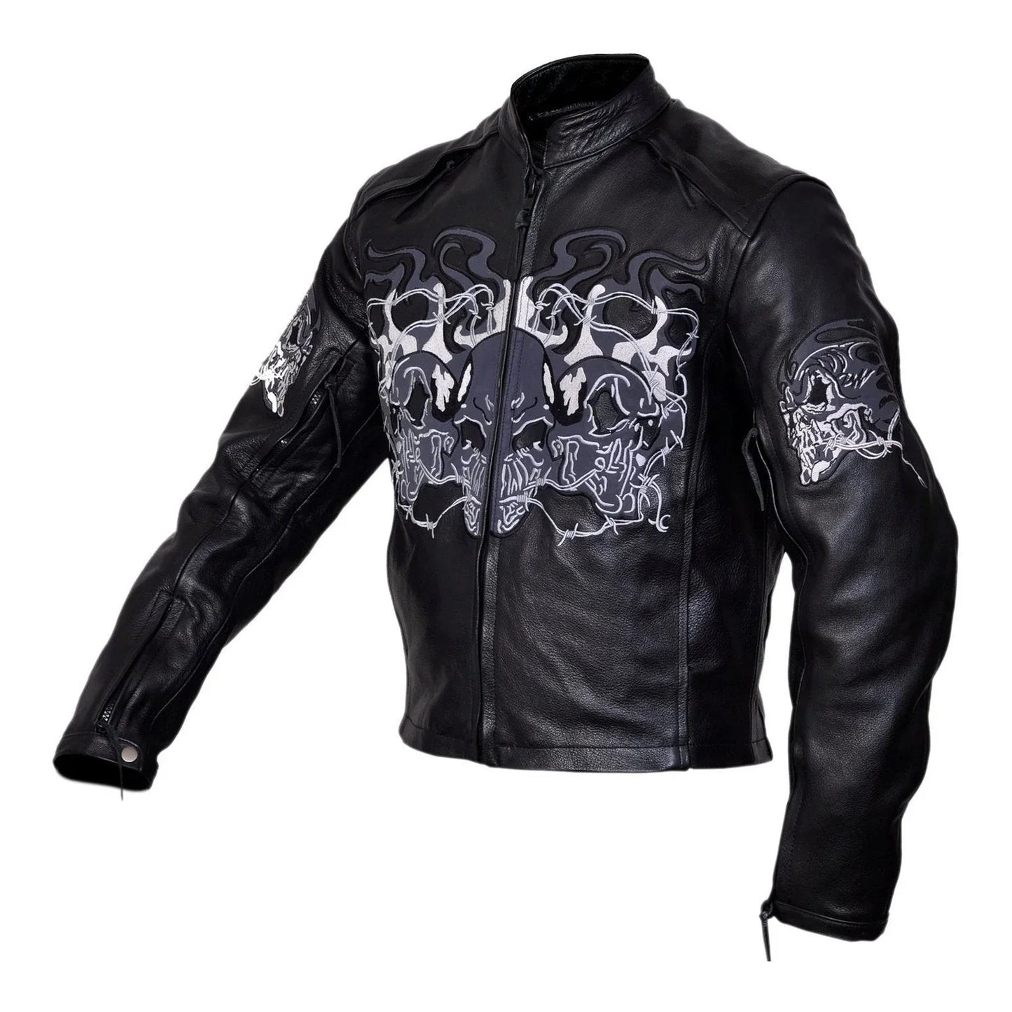 mens leather biker coat – flaming skulls cruiser motorcycle jacket