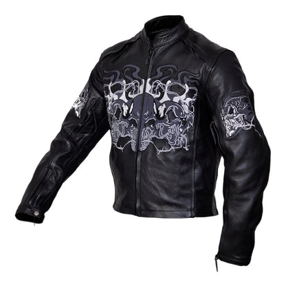 Mens Leather Biker Coat – Flaming Skulls Cruiser Motorcycle Jacket