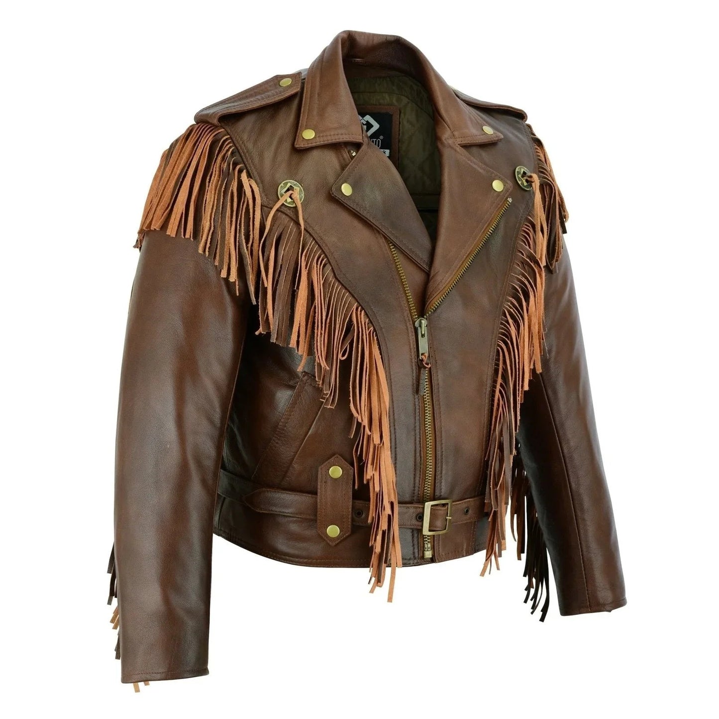 premium mens leather biker jacket with fringe and conchos