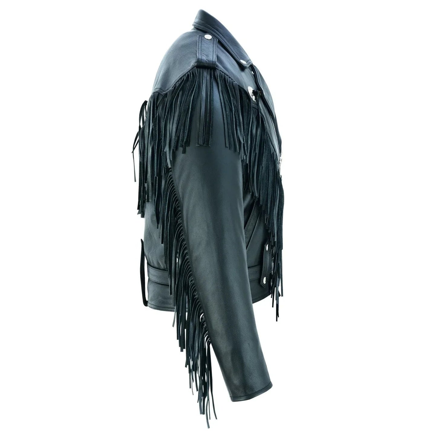premium mens leather biker jacket with fringe and conchos