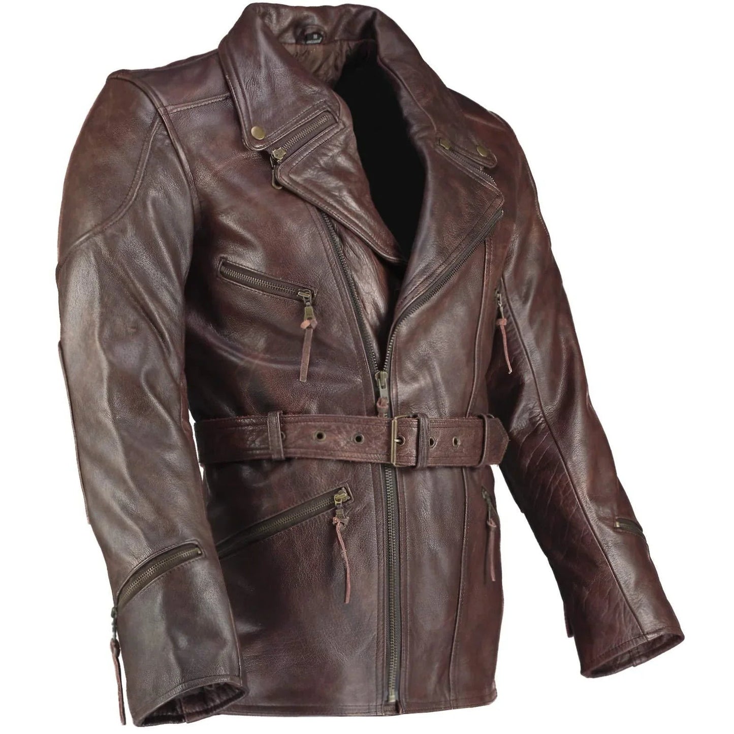 men's leather biker jacket 3/4 length cowhide motorcycle jacket
