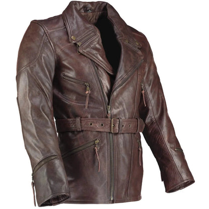 Men's Leather Biker Jacket 3/4 Length Cowhide Motorcycle Jacket