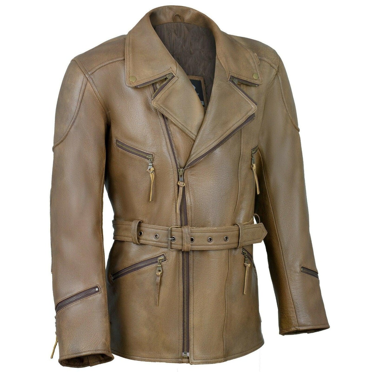 men's leather biker jacket 3/4 length cowhide motorcycle jacket