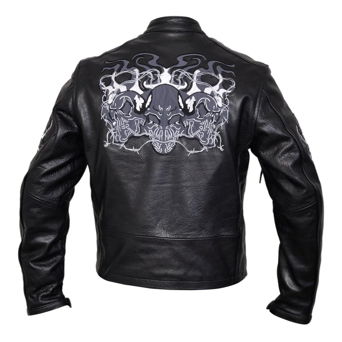 mens leather biker coat – flaming skulls cruiser motorcycle jacket