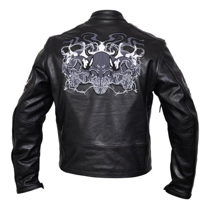 Mens Leather Biker Coat – Flaming Skulls Cruiser Motorcycle Jacket