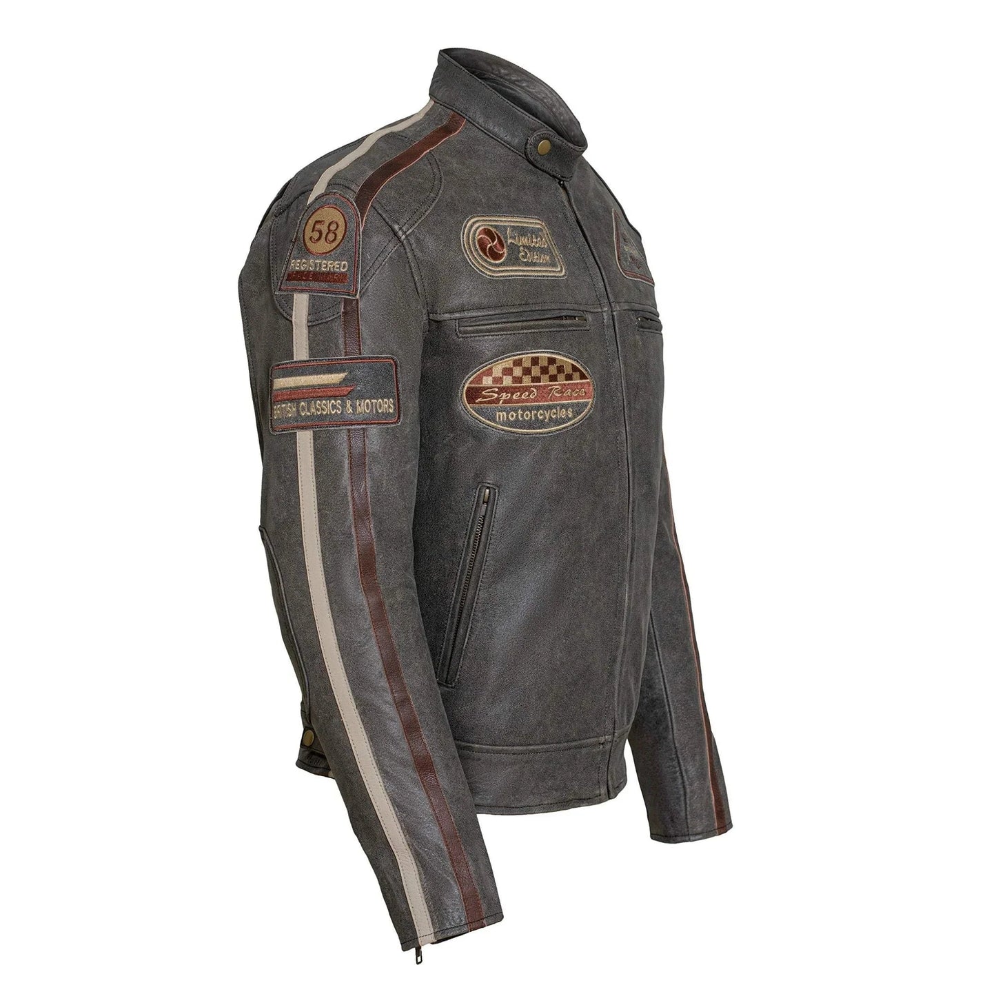 classic british men's biker jackets with badges motorcycle style