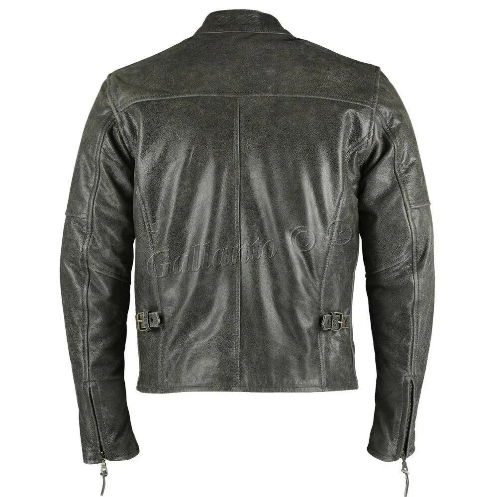men biker leather jacket – collarless grey cowhide biker jacket