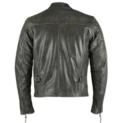 Men Biker Leather Jacket – Collarless Grey Cowhide Biker Jacket