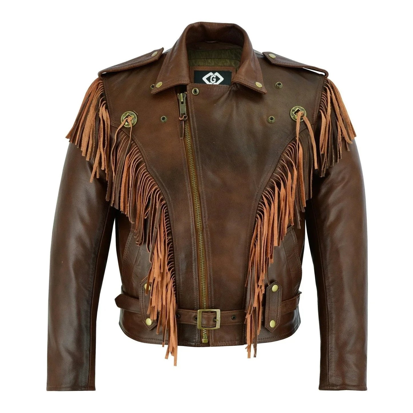 premium mens leather biker jacket with fringe and conchos
