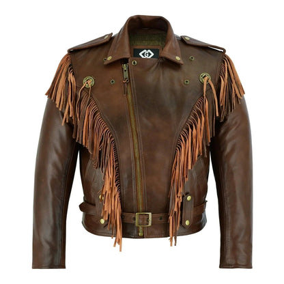 Premium Mens Leather Biker Jacket with Fringe and Conchos