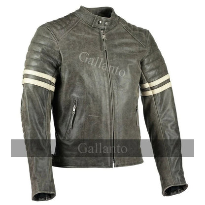 Vintage Fight Club Leather Biker Jacket with White Stripes