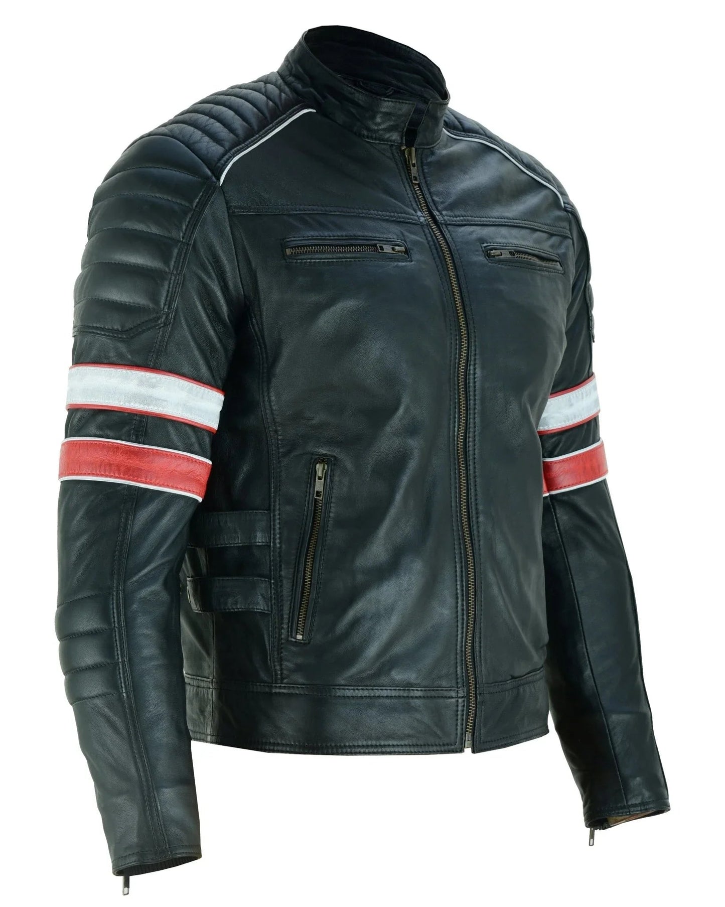leather biker jackets men's black cafe racer sheepskin jacket