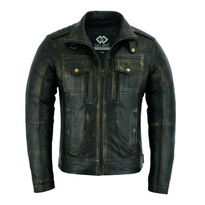 Mens Leather Biker Jacket in Antique Grey Vintage Cafe Racer Style