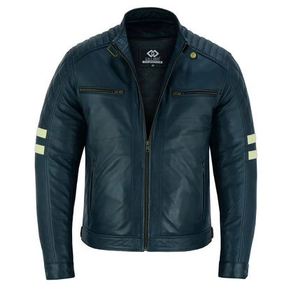 Motor Jacket Men Navy Cafe Racer Sheepskin Leather Biker Jacket