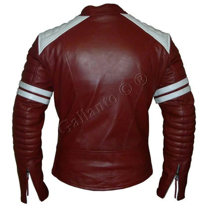 Premium  Fight Club Men's Leather Biker Jacket in Cowhide With White Strips