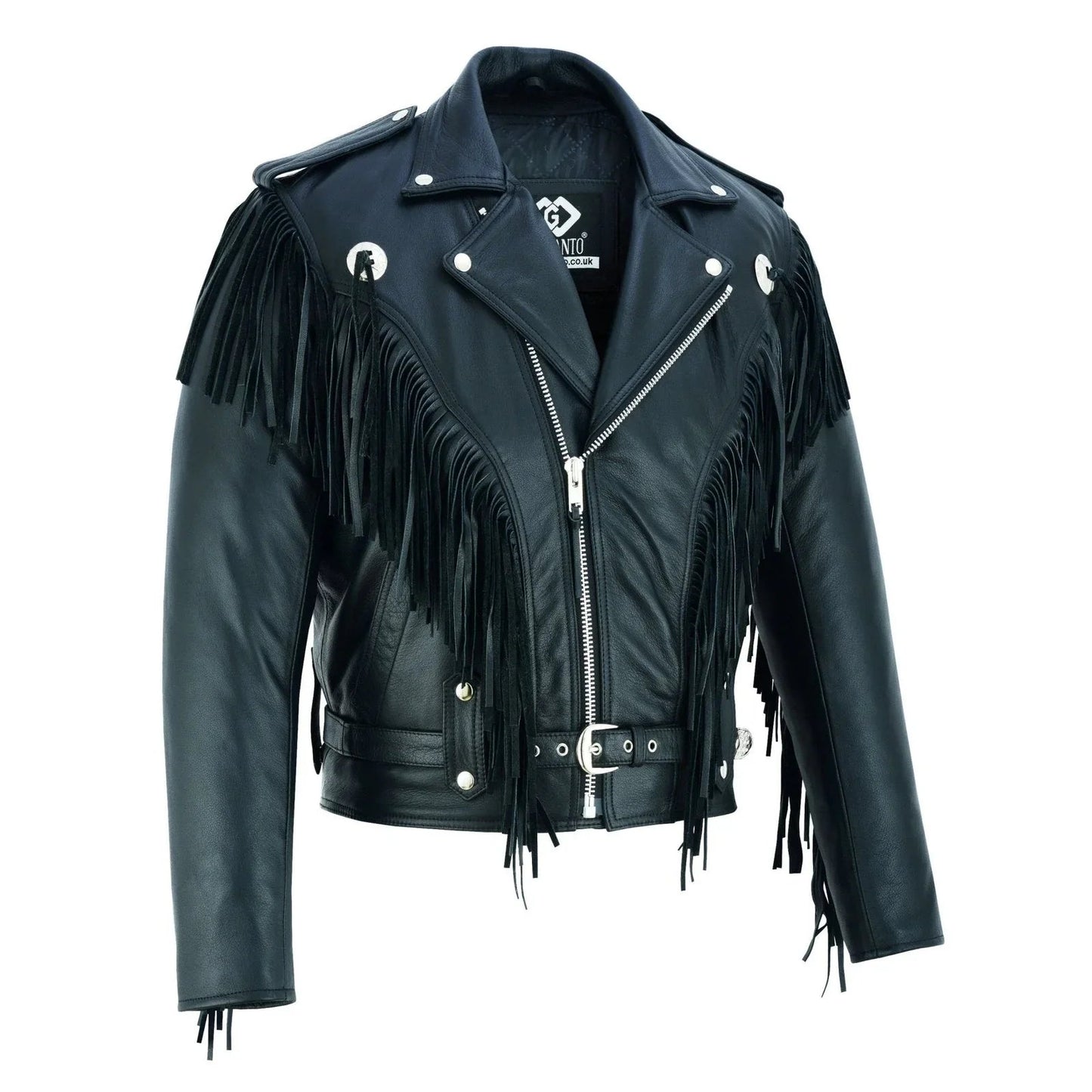 premium mens leather biker jacket with fringe and conchos